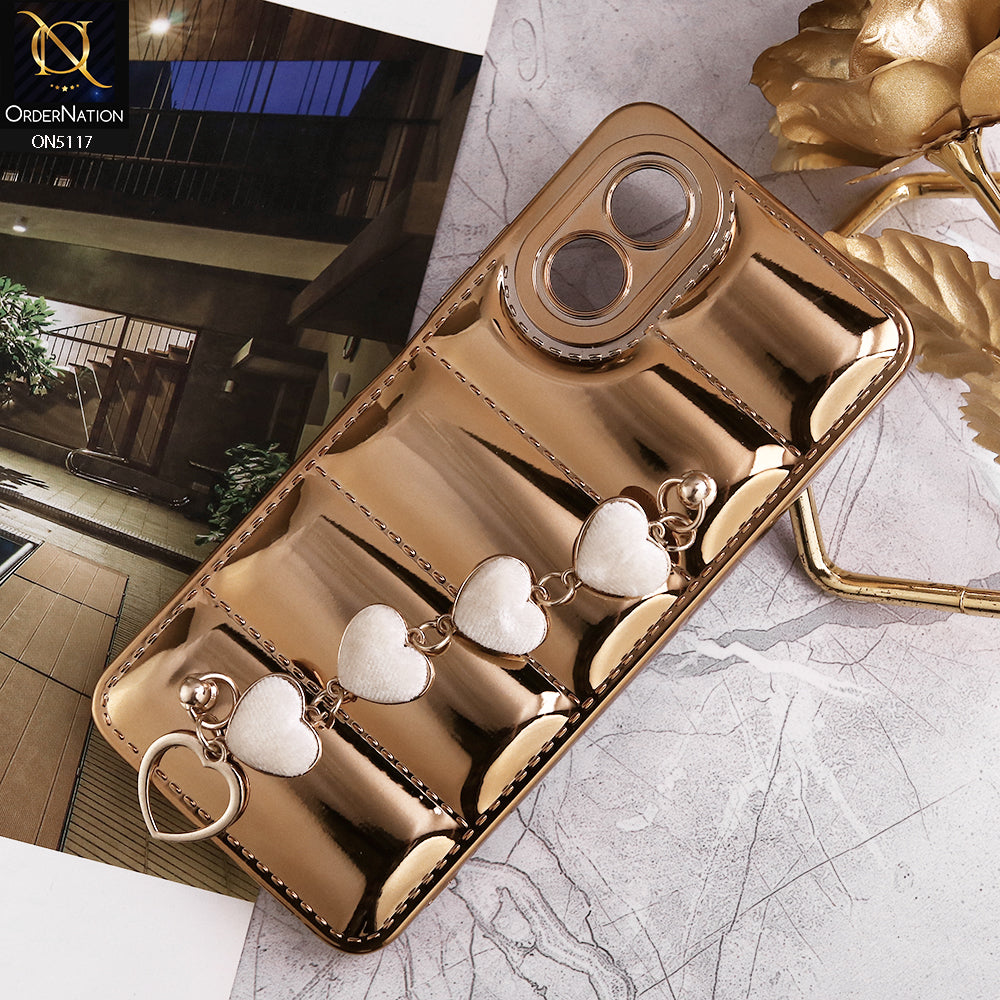 Oppo A18 Cover - Golden - Cute Trendy Color Electroplating Stitched Coushion Style Soft Case with Loce Heart Chain Holder