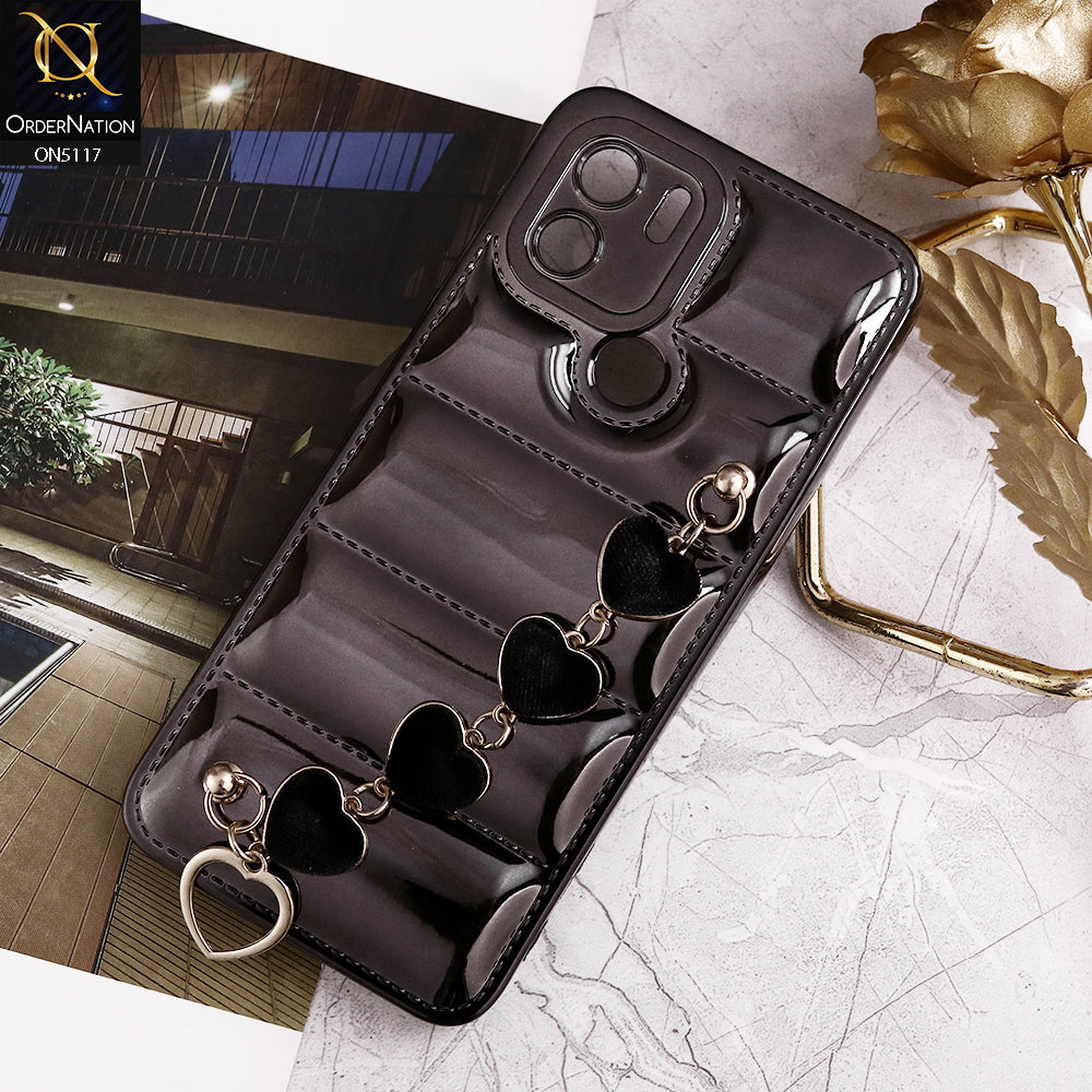 Xiaomi Redmi A1 Cover - Black - Cute Trendy Color Electroplating Stitched Coushion Style Soft Case with Loce Heart Chain Holder