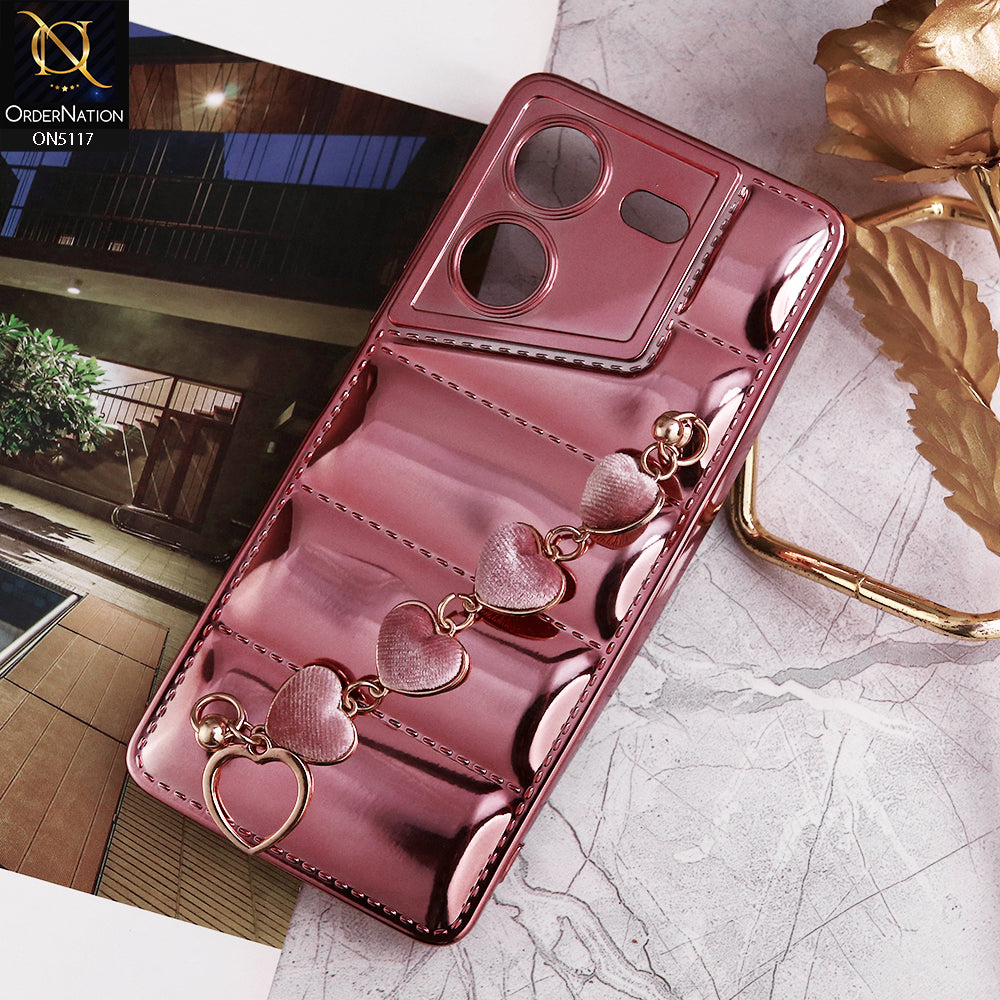 Tecno Pova 5 Pro Cover - Rose Gold - Cute Trendy Color Electroplating Stitched Coushion Style Soft Case with Loce Heart Chain Holder