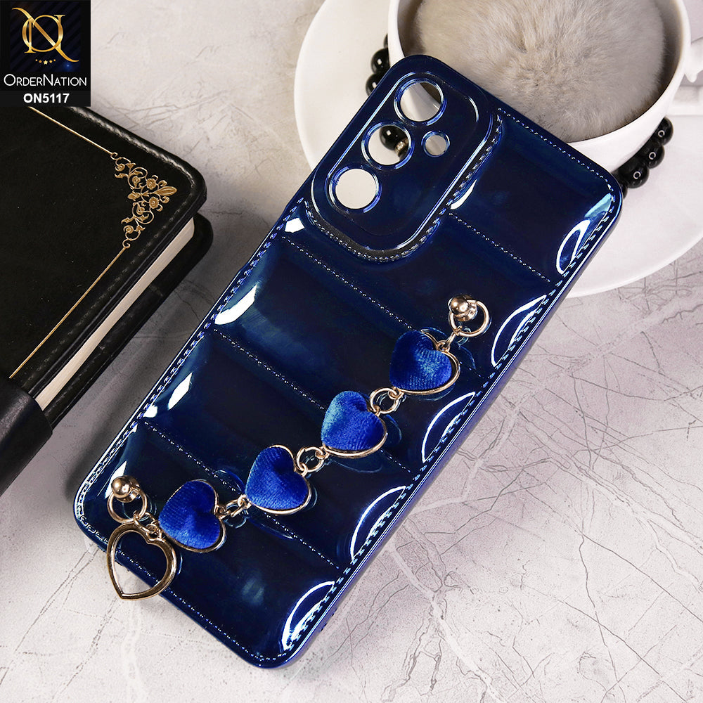 Samsung Galaxy A05s Cover - Blue - Cute Trendy Color Electroplating Stitched Coushion Style Soft Case with Loce Heart Chain Holder