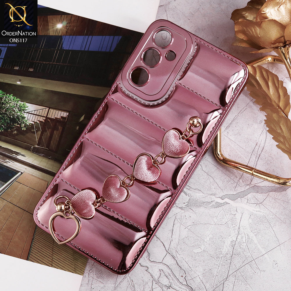 Samsung Galaxy A05s Cover - Rose Gold - Cute Trendy Color Electroplating Stitched Coushion Style Soft Case with Loce Heart Chain Holder