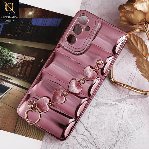 Samsung Galaxy A05s Cover - Rose Gold - Cute Trendy Color Electroplating Stitched Coushion Style Soft Case with Loce Heart Chain Holder