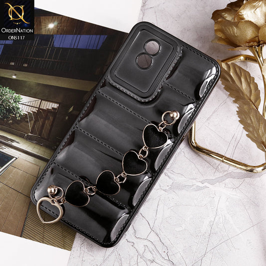 Vivo Y11 2023 Cover - Black - Cute Trendy Color Electroplating Stitched Coushion Style Soft Case with Loce Heart Chain Holder