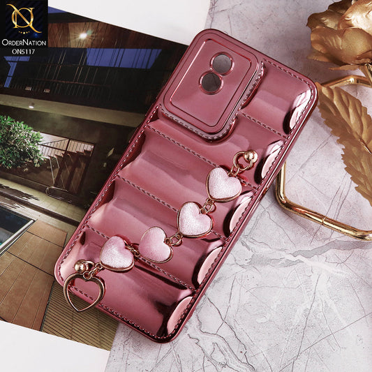 Vivo Y11 2023 Cover - Rose Gold - Cute Trendy Color Electroplating Stitched Coushion Style Soft Case with Loce Heart Chain Holder