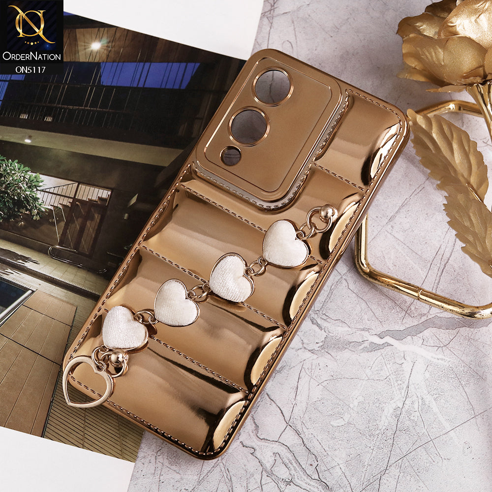 Vivo Y17s Cover - Golden - Cute Trendy Color Electroplating Stitched Coushion Style Soft Case with Loce Heart Chain Holder