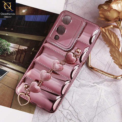 Vivo Y17s Cover - Rose Gold - Cute Trendy Color Electroplating Stitched Coushion Style Soft Case with Loce Heart Chain Holder