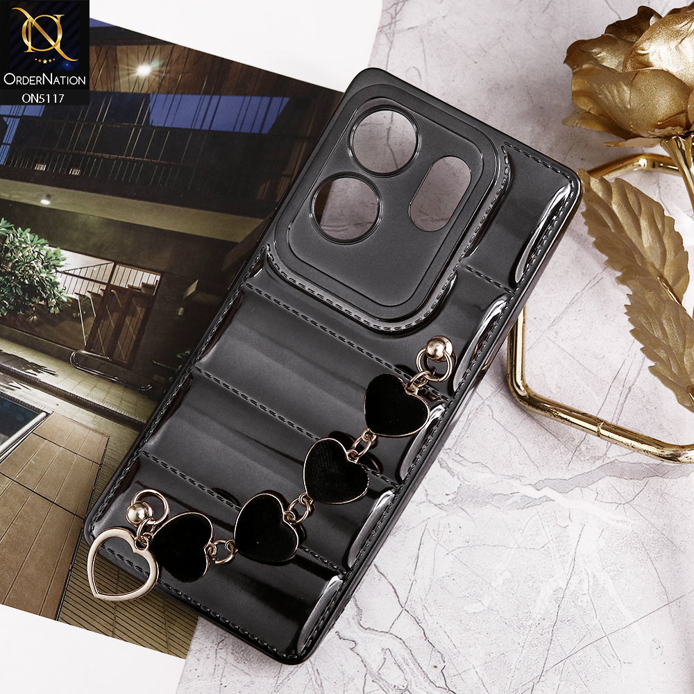 Infinix Zero 30 4G Cover - Black - Cute Trendy Color Electroplating Stitched Coushion Style Soft Case with Loce Heart Chain Holder