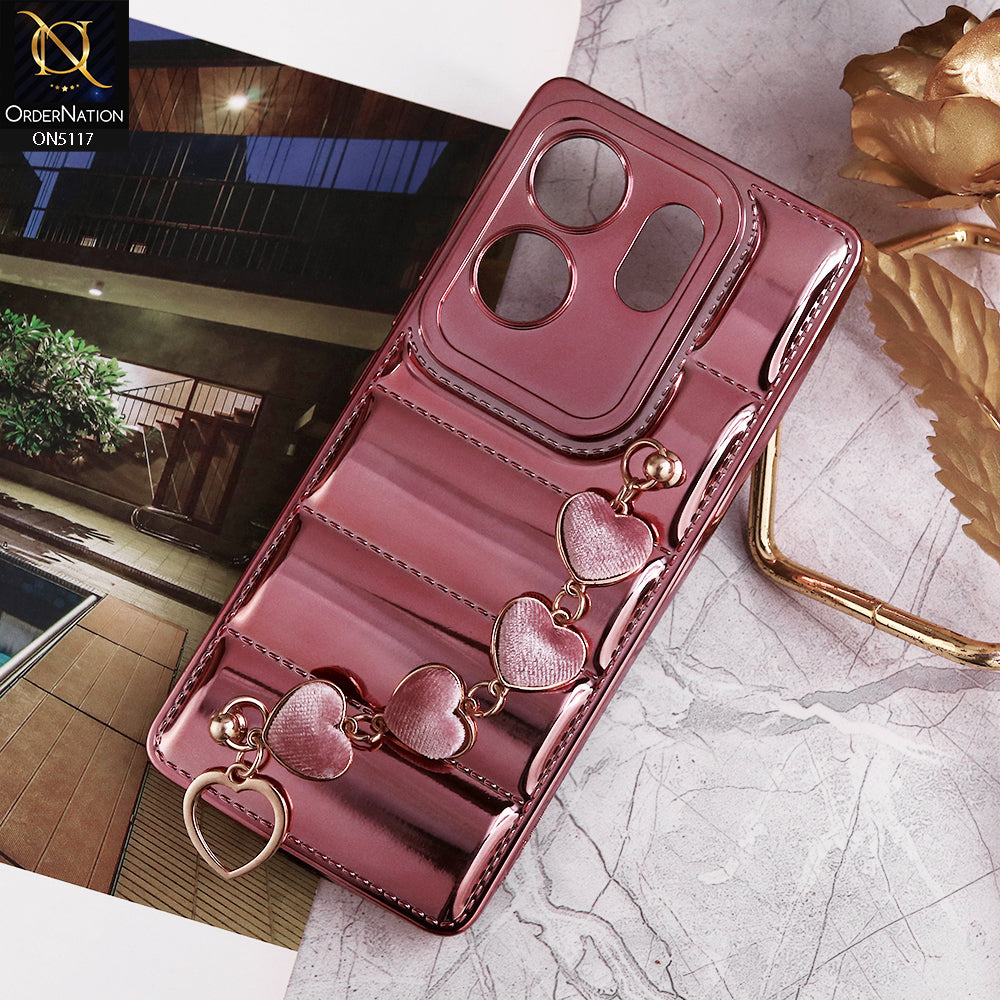 Infinix Zero 30 4G Cover - Rose Gold - Cute Trendy Color Electroplating Stitched Coushion Style Soft Case with Loce Heart Chain Holder
