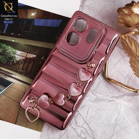 Infinix Zero 30 4G Cover - Rose Gold - Cute Trendy Color Electroplating Stitched Coushion Style Soft Case with Loce Heart Chain Holder