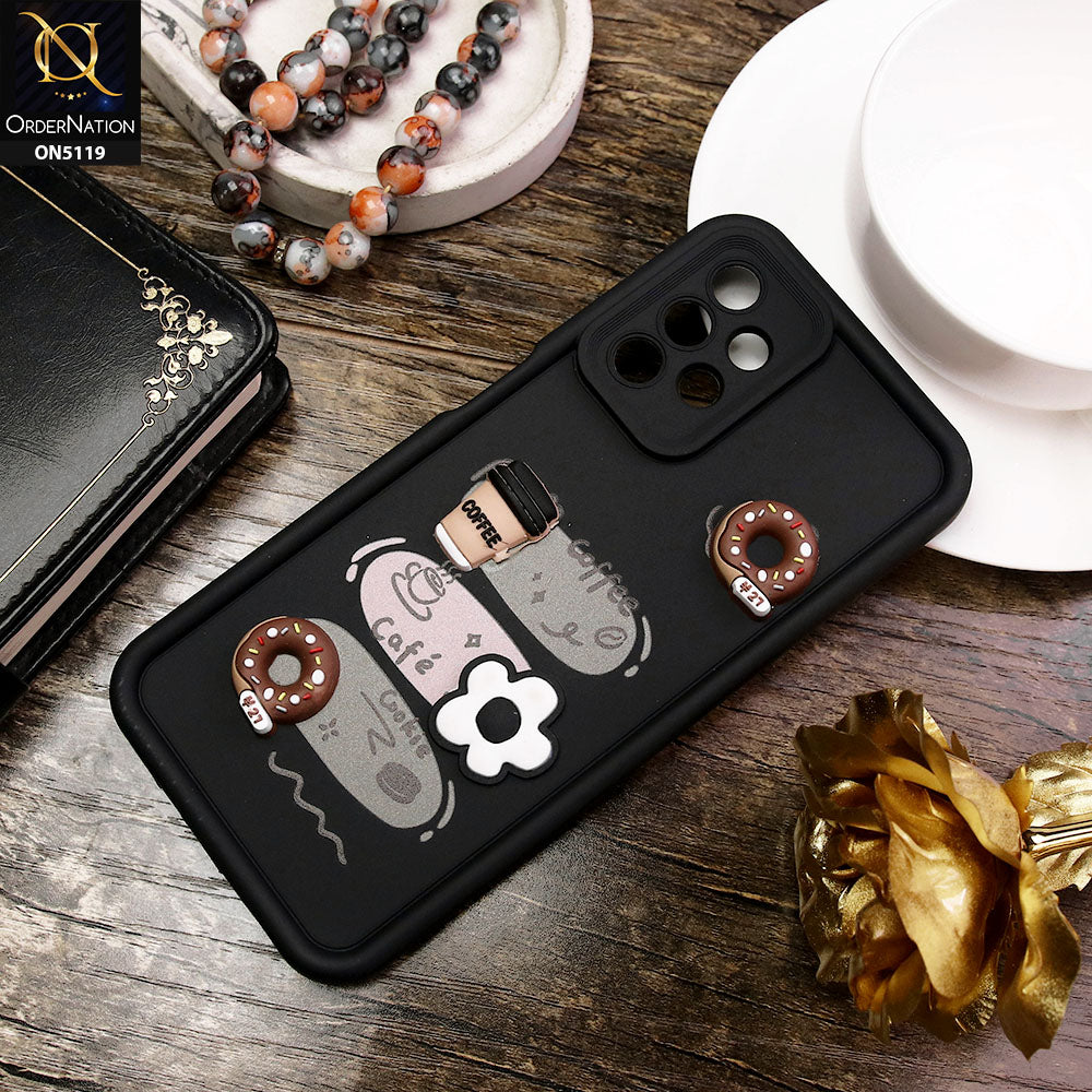 Samsung Galaxy A13 Cover - Black - D2 - Cute 3D Donut Coffee Soft Silicon Case with Camera Protection