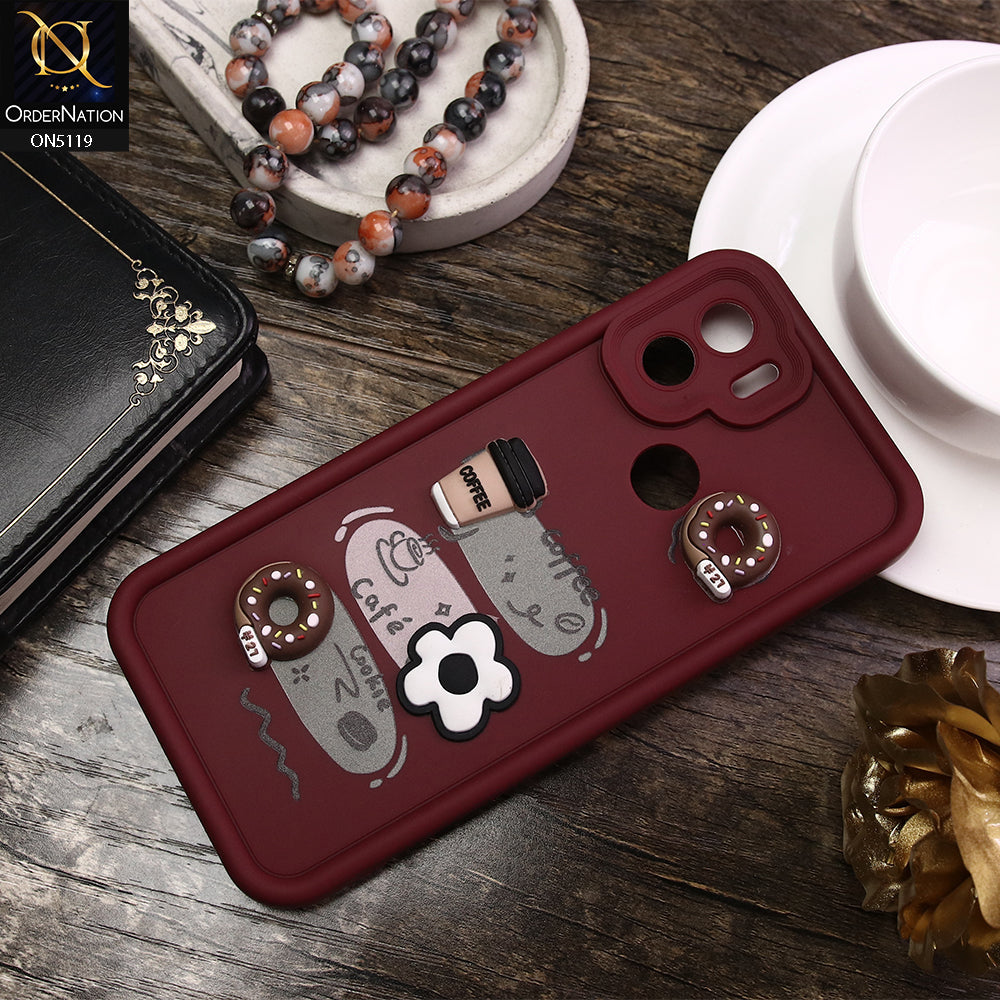 Xiaomi Redmi A2 Plus Cover - Maroon - D2 - Cute 3D Donut Coffee Soft Silicon Case with Camera Protection