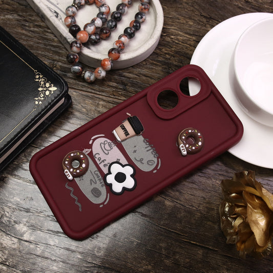 Oppo A78 4G Cover - Maroon - Cute 3D Donut Coffee Soft Silicon Case with Camera Protection