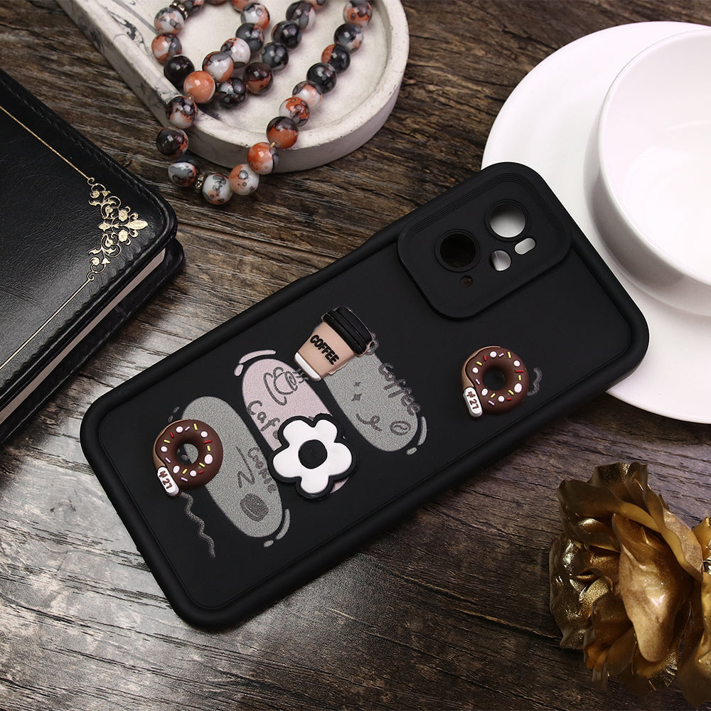 Realme 9i Cover - Black - D2 - Cute 3D Donut Coffee Soft Silicon Case with Camera Protection