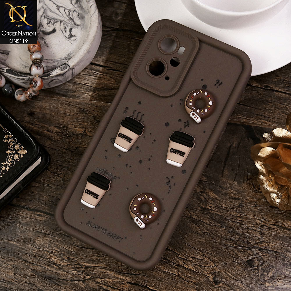 Realme 9i Cover - Brown - Design 1 - Cute 3D Donut Coffee Soft Silicon Case with Camera Protection