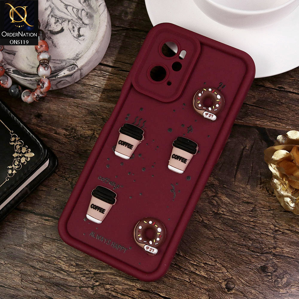 Realme 9i Cover - Maroon - Design 1 - Cute 3D Donut Coffee Soft Silicon Case with Camera Protection