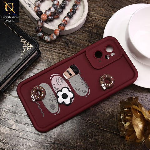 Oppo A76 Cover - Maroon - D2 - Cute 3D Donut Coffee Soft Silicon Case with Camera Protection