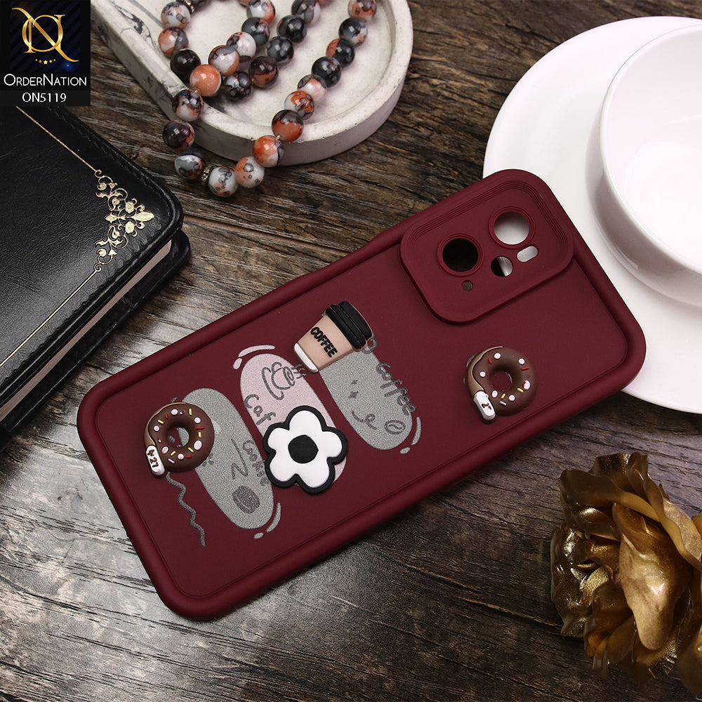 Oppo A36 Cover - Maroon - D2 - Cute 3D Donut Coffee Soft Silicon Case with Camera Protection