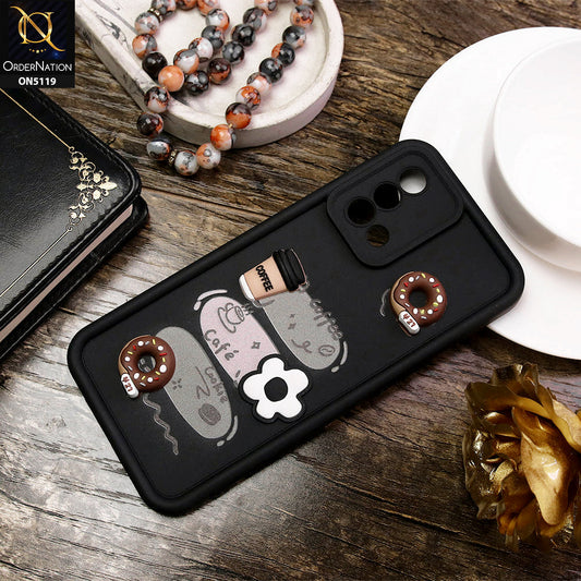 Oppo F19 Cover - Black - D2 - Cute 3D Donut Coffee Soft Silicon Case with Camera Protection