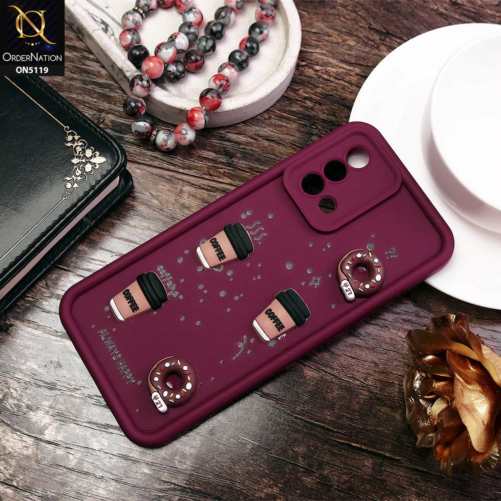 Oppo F19 Cover - Maroon - D1 - Cute 3D Donut Coffee Soft Silicon Case with Camera Protection