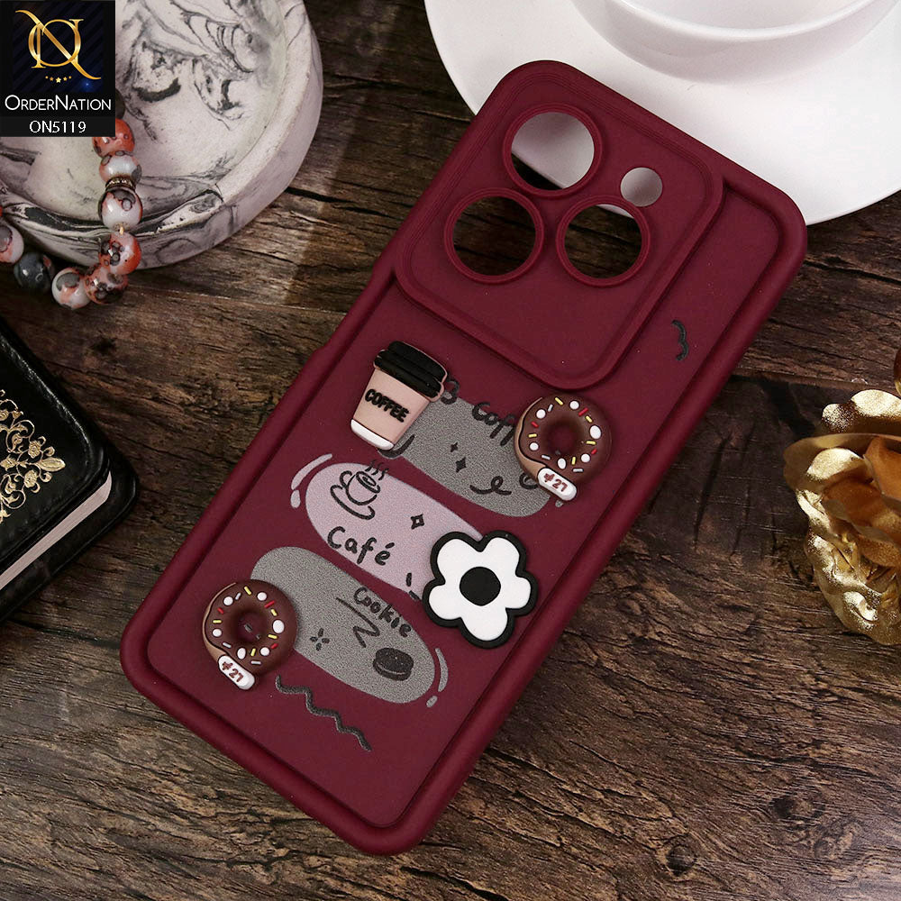 Infinix Hot 40 Cover - Maroon - Design 2 - Cute 3D Donut Coffee Soft Silicon Case with Camera Protection