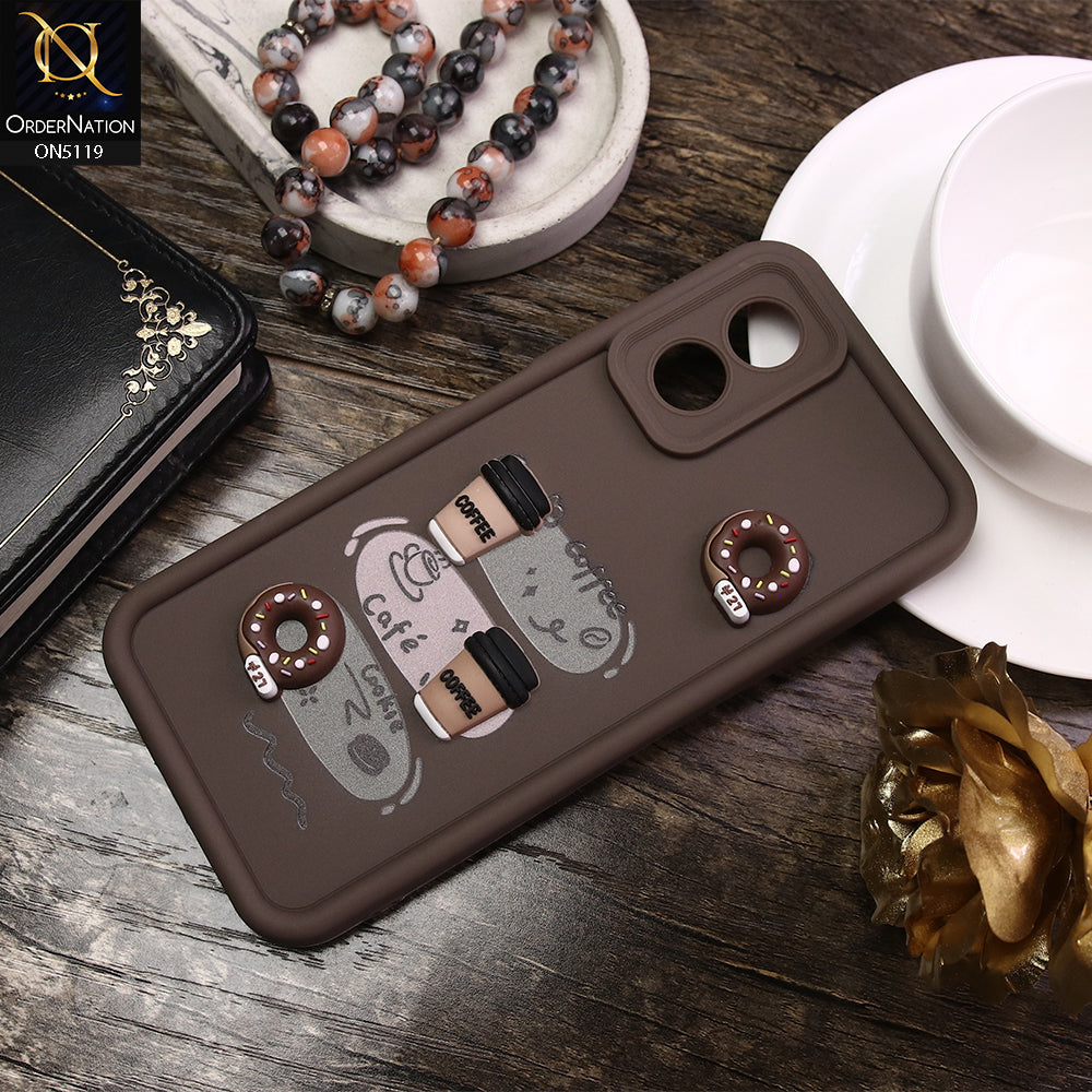Oppo A38 Cover - Brown - D2 - Cute 3D Donut Coffee Soft Silicon Case with Camera Protection