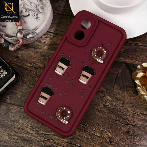 Oppo A38 Cover - Maroon - Design 1 - Cute 3D Donut Coffee Soft Silicon Case with Camera Protection