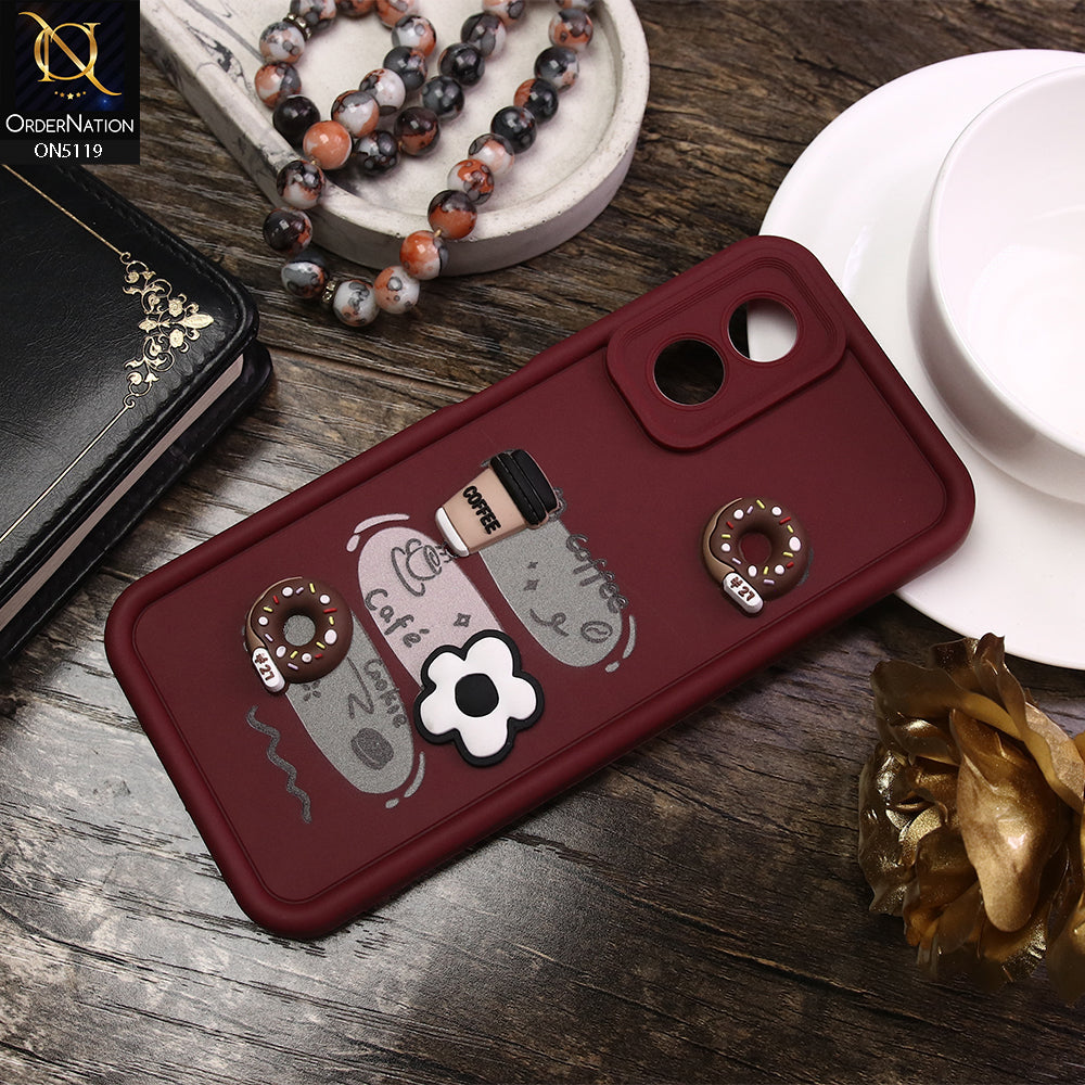 Oppo A38 Cover - Maroon - D2 - Cute 3D Donut Coffee Soft Silicon Case with Camera Protection