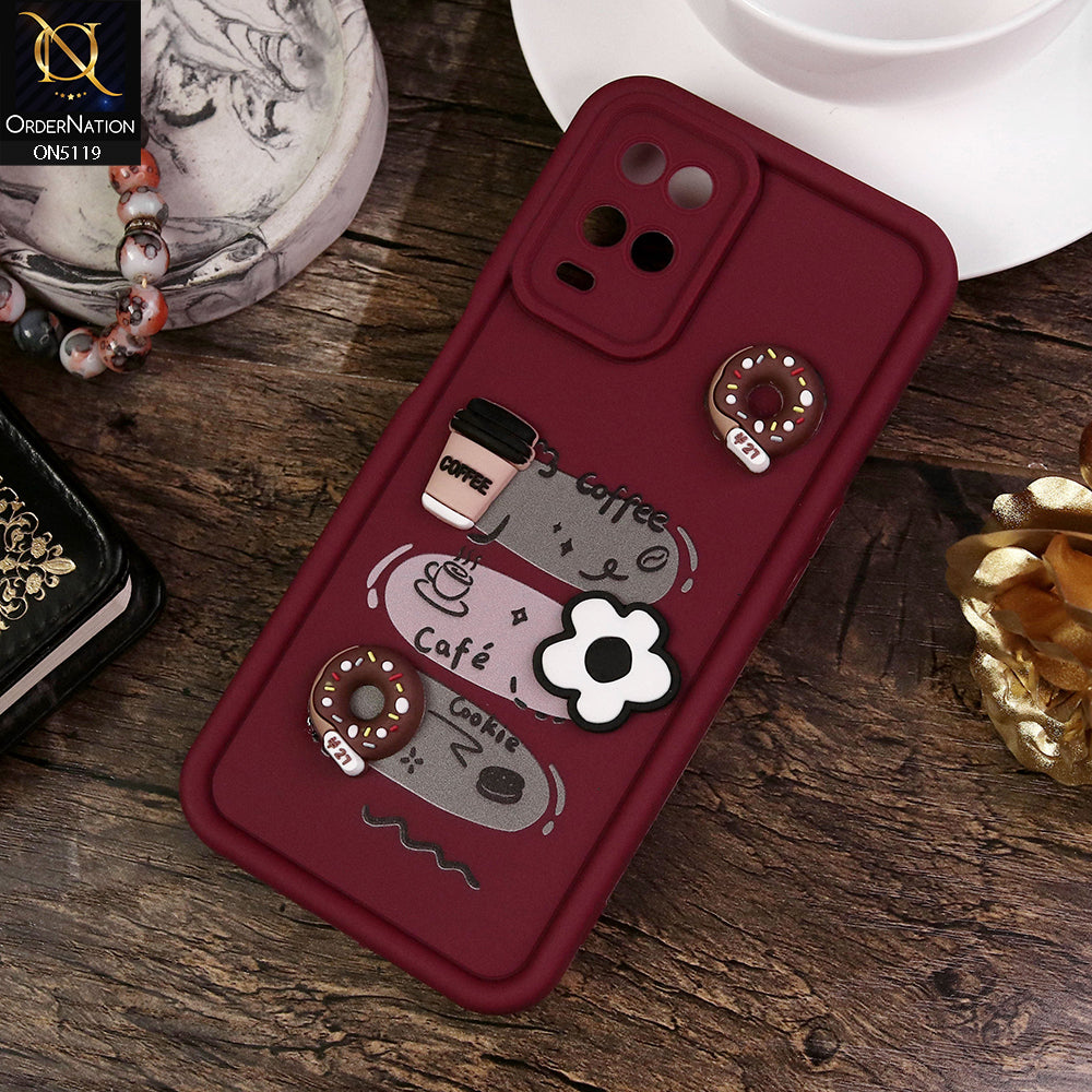 Oppo A54 4G Cover - Maroon - Design 2 - Cute 3D Donut Coffee Soft Silicon Case with Camera Protection