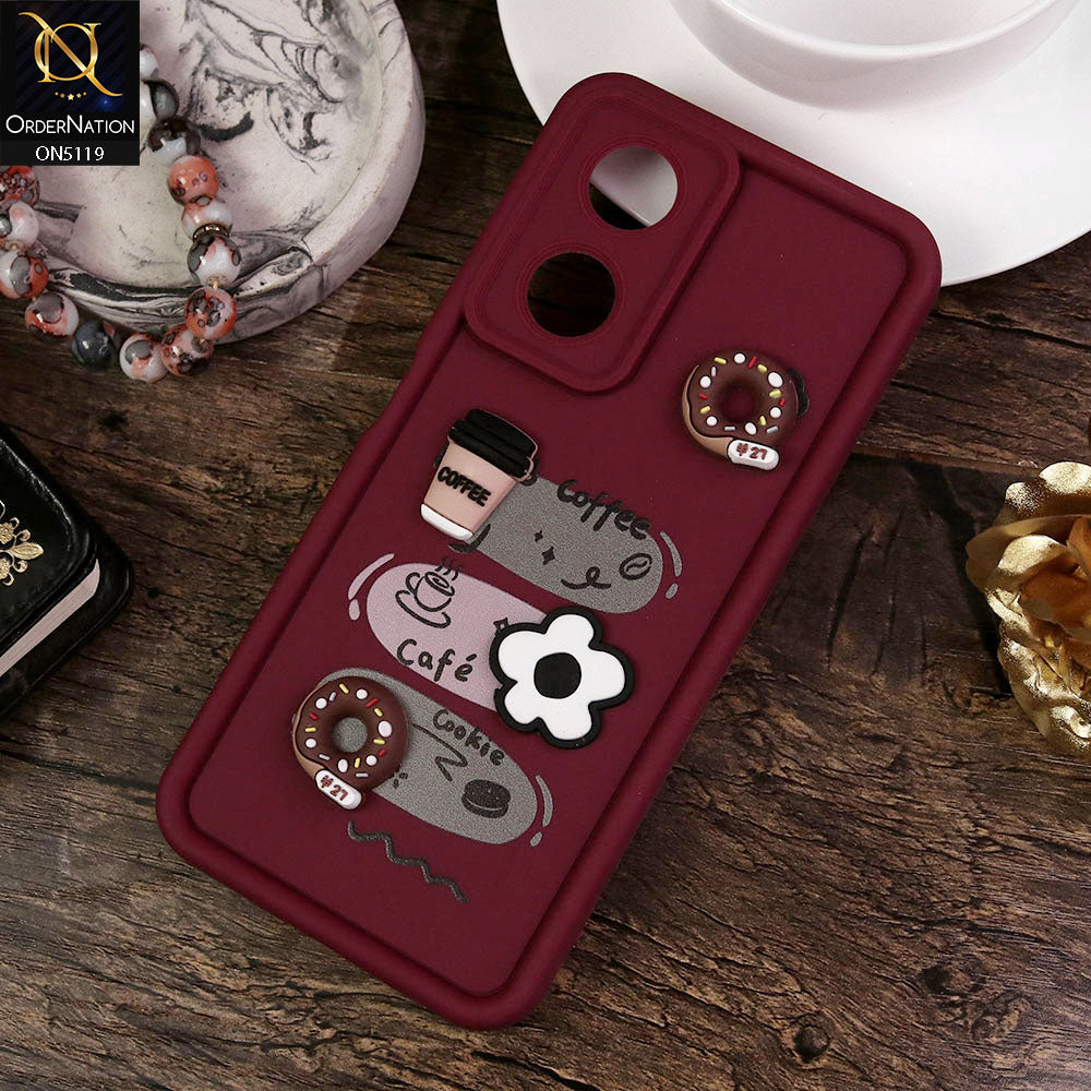Oppo A58 4G Cover - Maroon - Design 2 - Cute 3D Donut Coffee Soft Silicon Case with Camera Protection