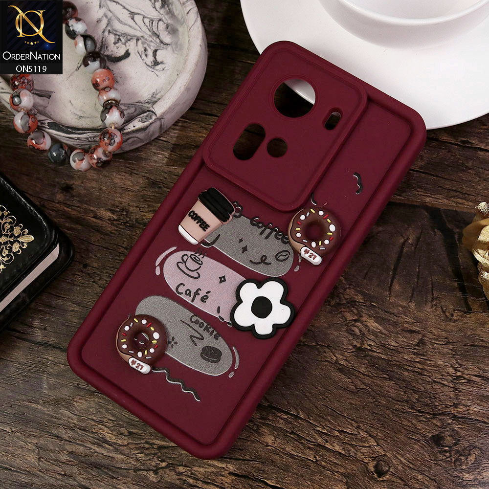 Oppo Reno 11 5G Cover - Maroon - Design 2 - Cute 3D Donut Coffee Soft Silicon Case with Camera Protection