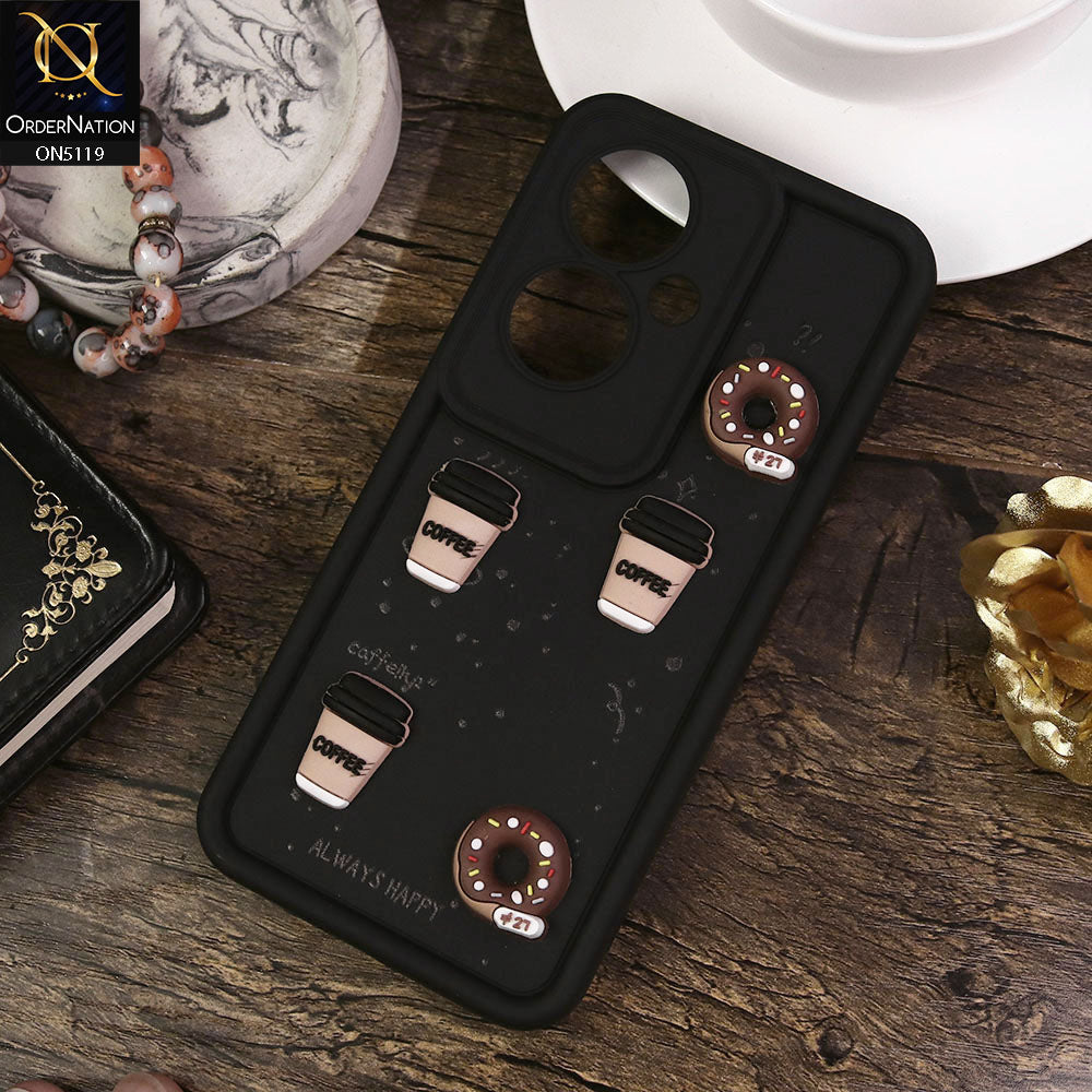Oppo Reno 11F 5G Cover - Black - Design 1 - Cute 3D Donut Coffee Soft Silicon Case with Camera Protection