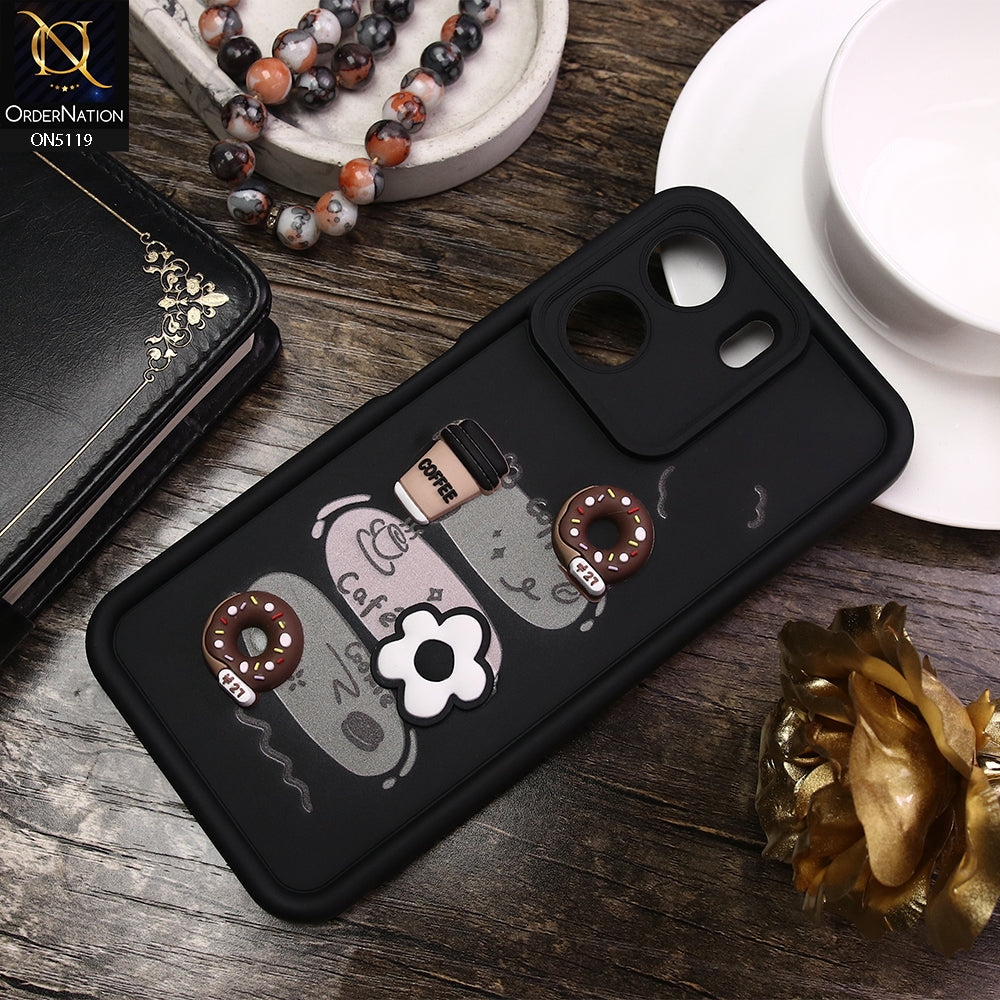 Xiaomi Redmi 13c Cover - Black - D2 - Cute 3D Donut Coffee Soft Silicon Case with Camera Protection