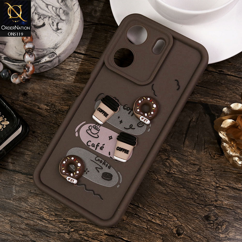 Xiaomi Redmi 13C Cover - Brown - Design 2 - Cute 3D Donut Coffee Soft Silicon Case with Camera Protection