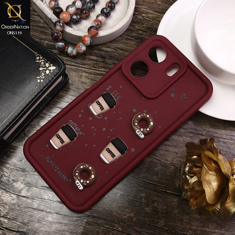Xiaomi Poco C65 Cover - Maroon - D1 - Cute 3D Donut Coffee Soft Silicon Case with Camera Protection