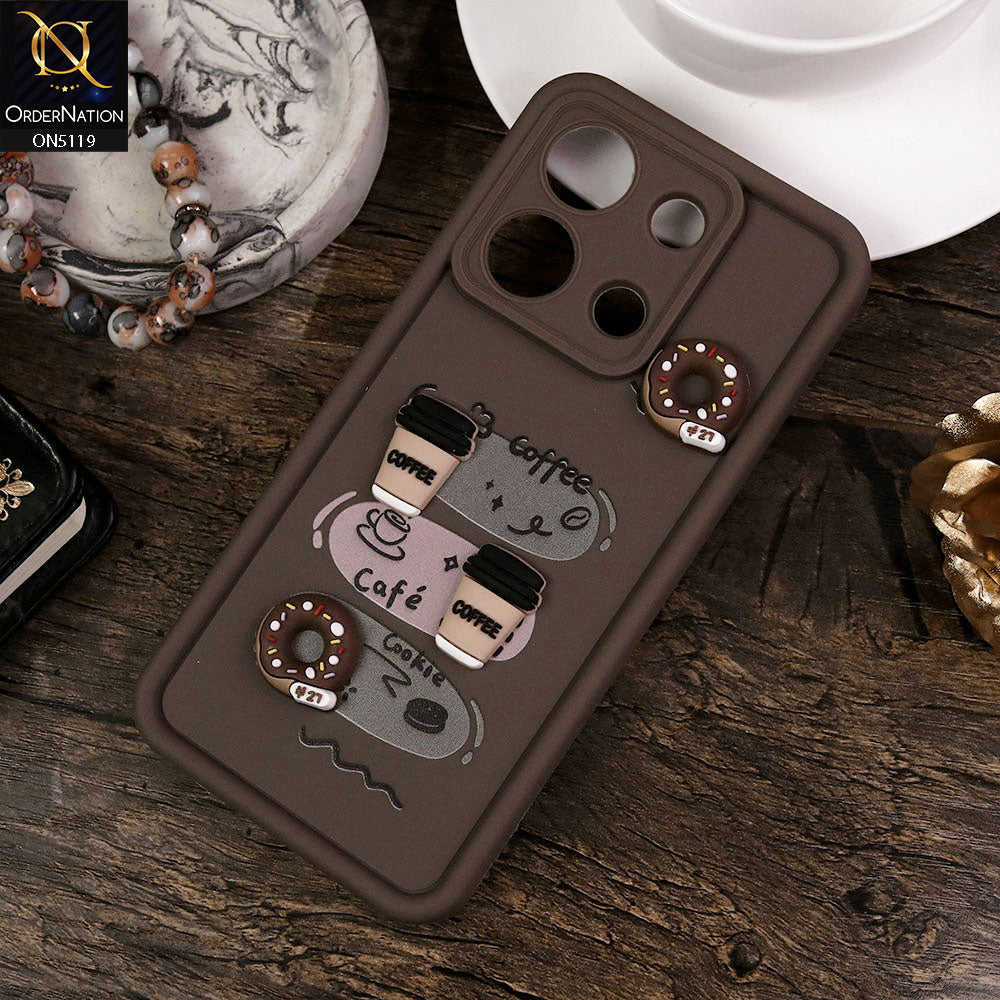 Xiaomi Redmi Note 13 Cover - Brown - Design 2 - Cute 3D Donut Coffee Soft Silicon Case with Camera Protection