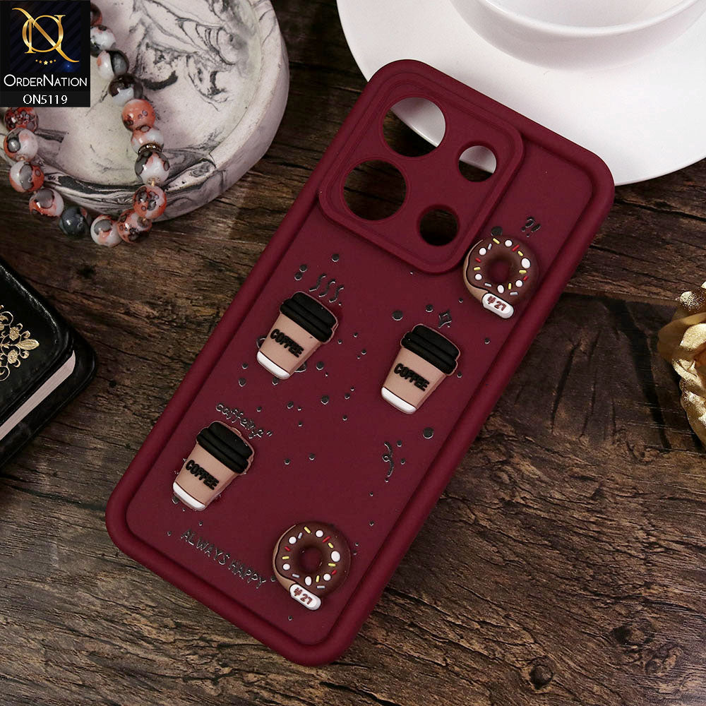 Xiaomi Redmi Note 13 Cover - Maroon - Design 1 - Cute 3D Donut Coffee Soft Silicon Case with Camera Protection