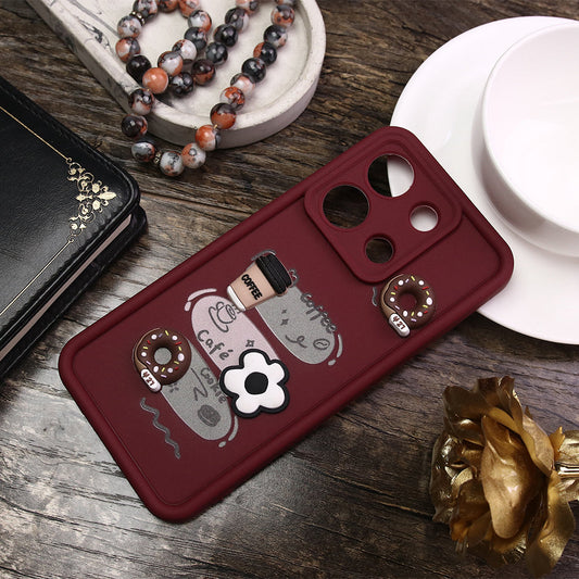 Xiaomi Redmi Note 13 Cover - Maroon - Cute 3D Donut Coffee Soft Silicon Case with Camera Protection
