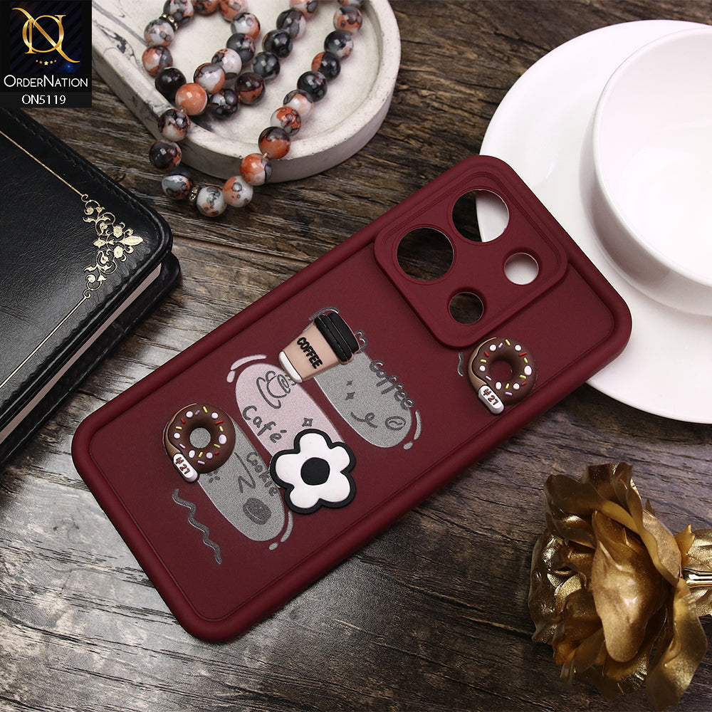 Xiaomi Redmi Note 13 Cover - Maroon - D2 - Cute 3D Donut Coffee Soft Silicon Case with Camera Protection