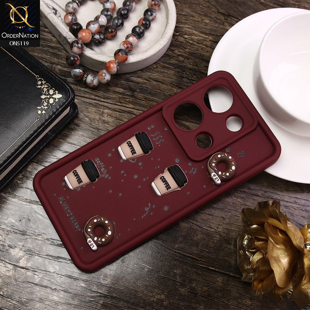 Xiaomi Redmi Note 13 Pro 4G Cover - Maroon - D1 - Cute 3D Donut Coffee Soft Silicon Case with Camera Protection