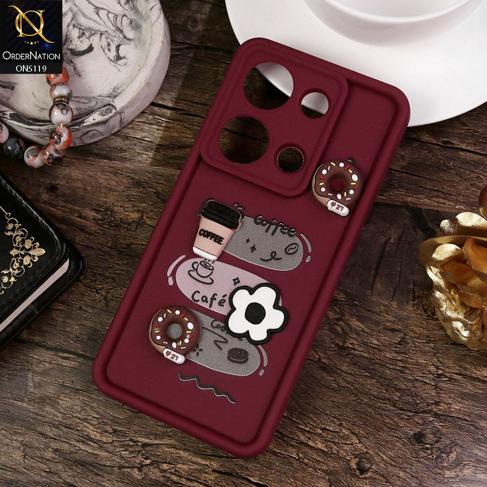 Xiaomi Redmi Note 13 Pro 4G Cover - Maroon - Design 2 - Cute 3D Donut Coffee Soft Silicon Case with Camera Protection