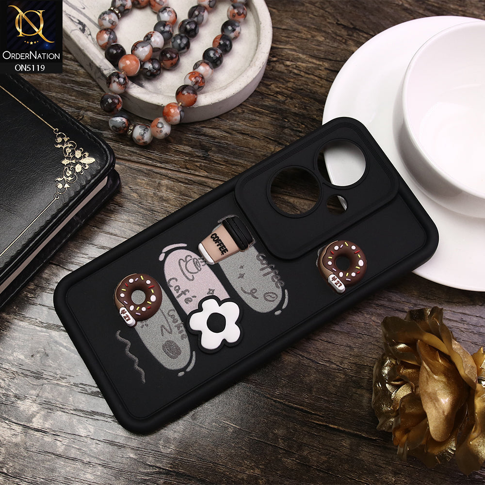Oppo Reno 11F 5G Cover - Black - D2 - Cute 3D Donut Coffee Soft Silicon Case with Camera Protection