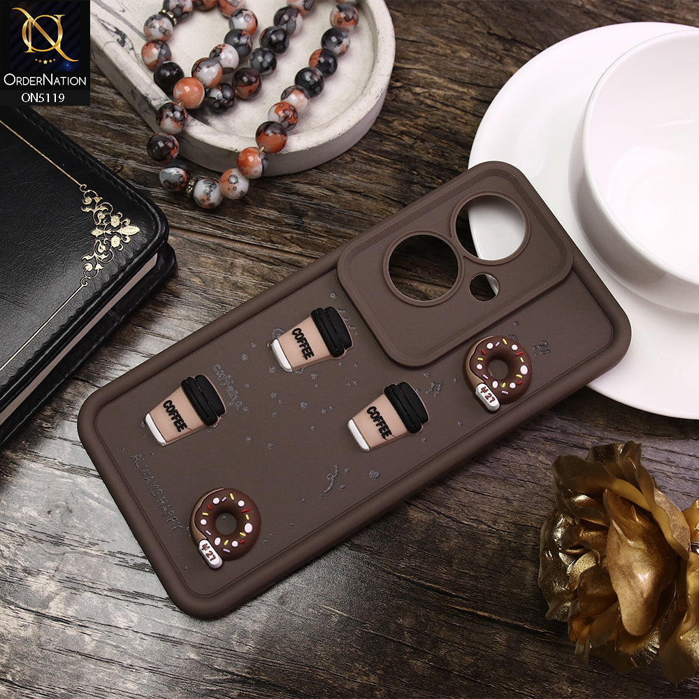 Oppo Reno 11F 5G Cover - Brown - D1 - Cute 3D Donut Coffee Soft Silicon Case with Camera Protection