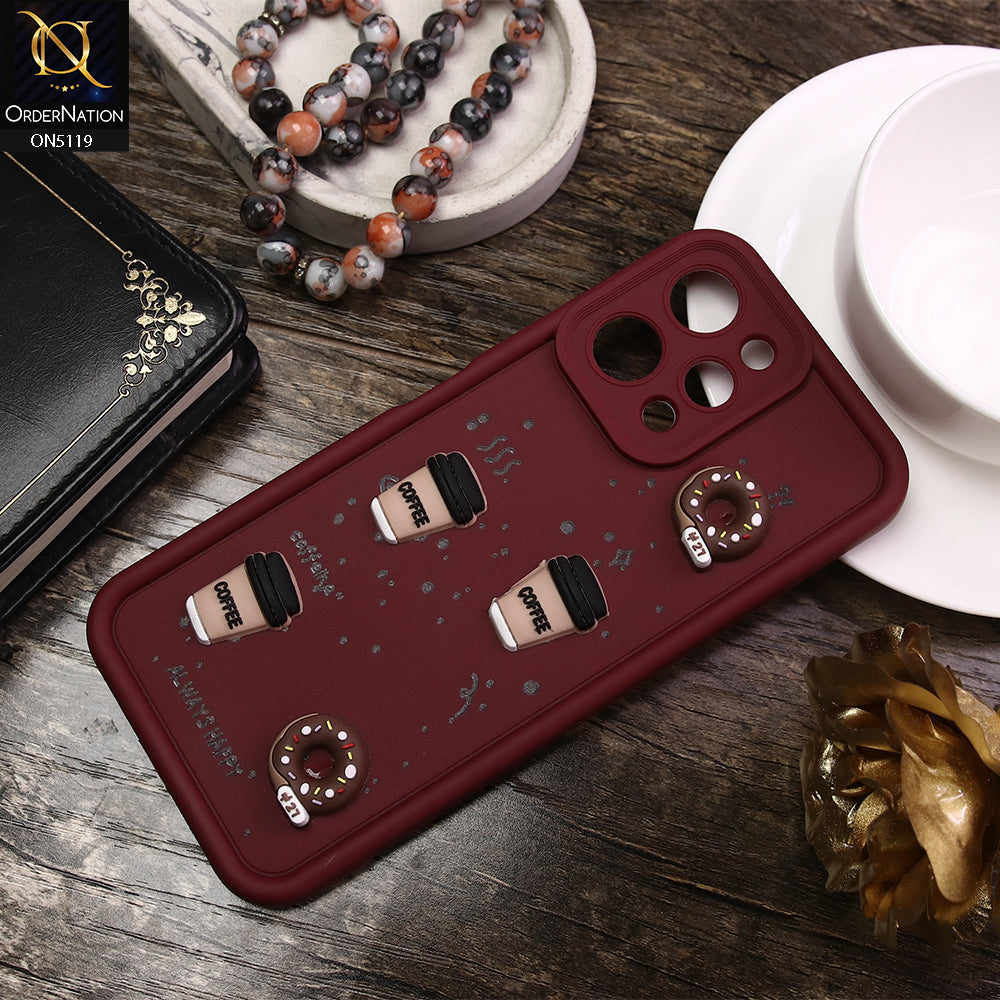 Xiaomi Redmi 12 Cover - Maroon - D1 - Cute 3D Donut Coffee Soft Silicon Case with Camera Protection