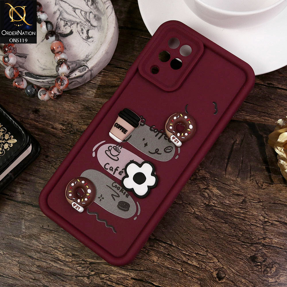 Samsung Galaxy A12 Cover - Maroon - Design 2 - Cute 3D Donut Coffee Soft Silicon Case with Camera Protection