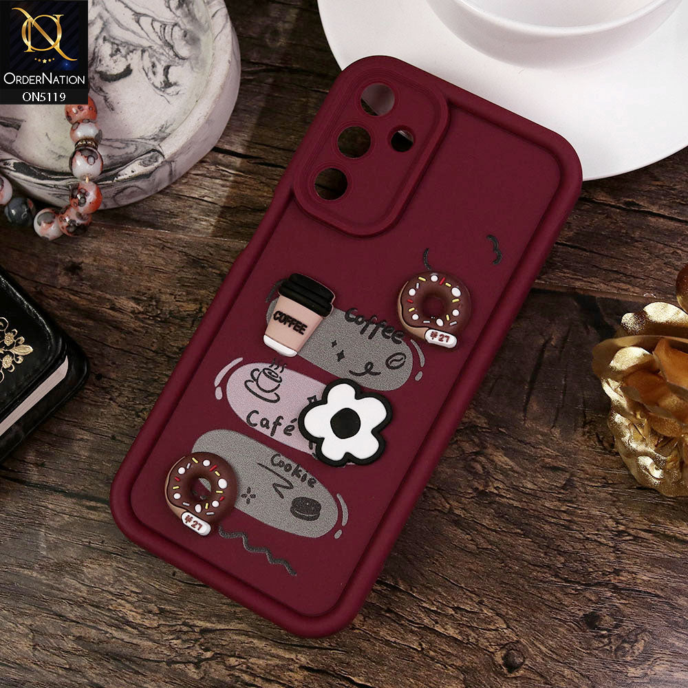 Samsung Galaxy A15 4G Cover - Maroon - Design 2 - Cute 3D Donut Coffee Soft Silicon Case with Camera Protection