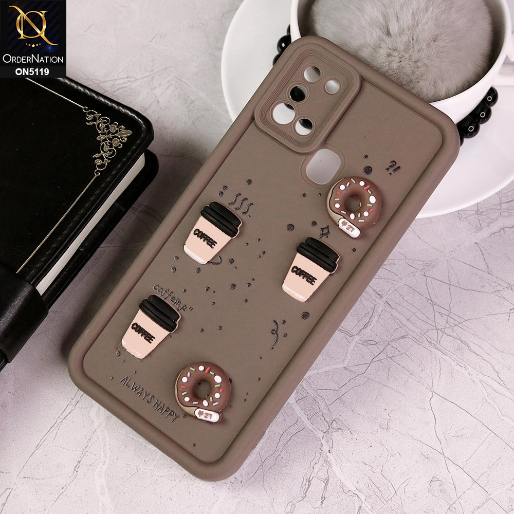 Samsung Galaxy A21s Cover - Brown - D1 - Cute 3D Donut Coffee Soft Silicon Case with Camera Protection