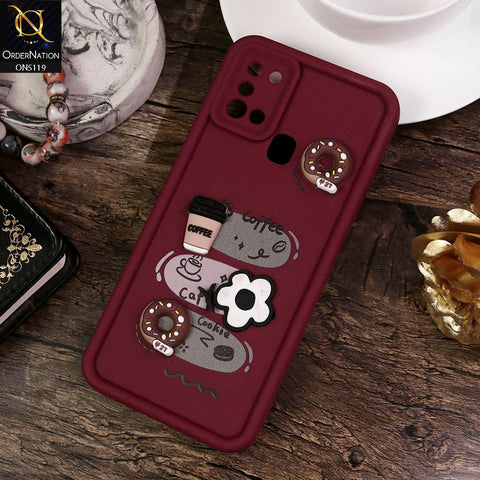Samsung Galaxy A21s Cover - Maroon - Design 2 - Cute 3D Donut Coffee Soft Silicon Case with Camera Protection
