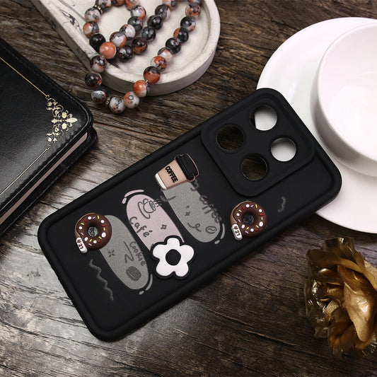 Infinix Smart 7 Cover - Black - Cute 3D Donut Coffee Soft Silicon Case with Camera Protection