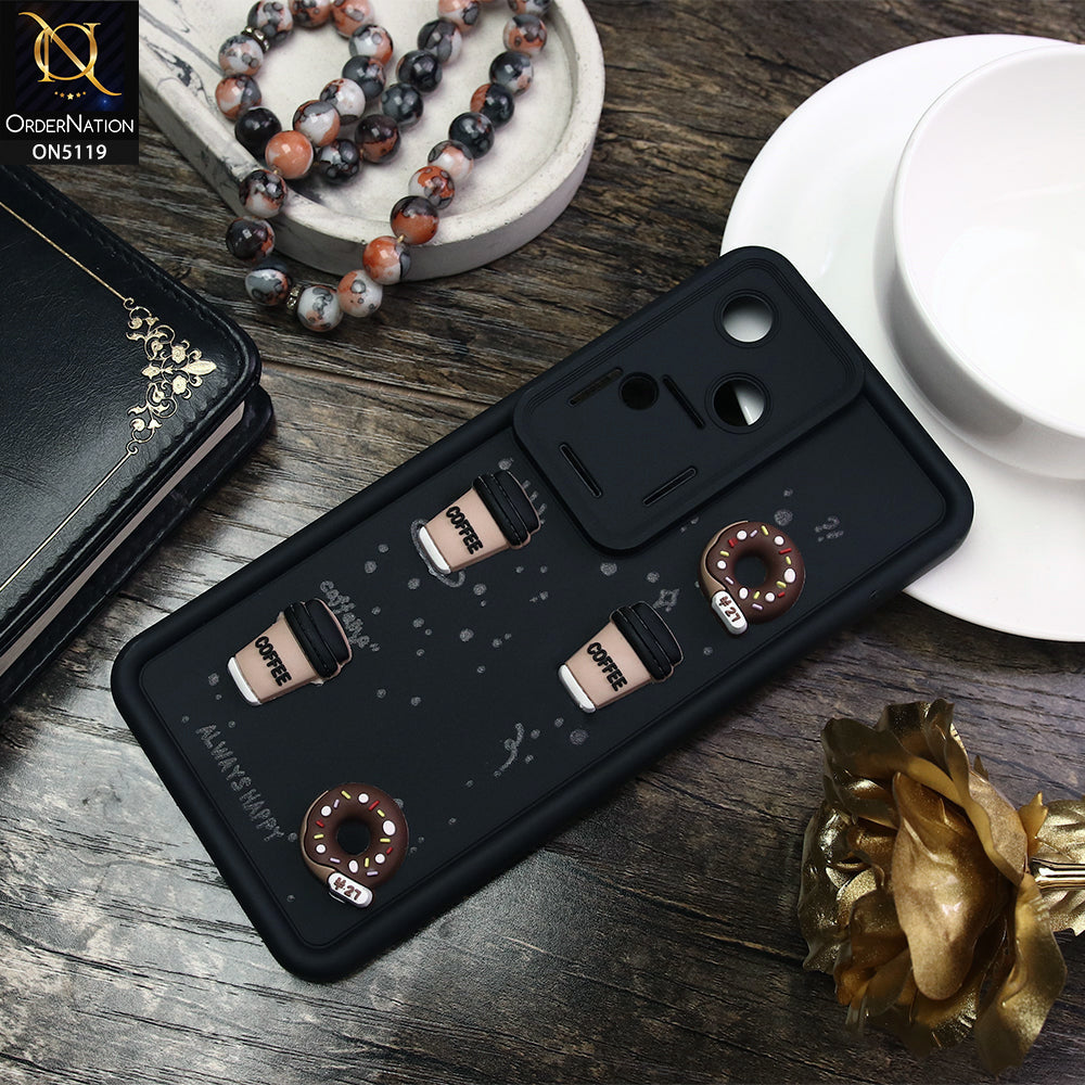Vivo S18 Cover - Black - D1 - Cute 3D Donut Coffee Soft Silicon Case with Camera Protection