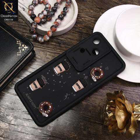 Vivo V30 Cover - Black - D1 - Cute 3D Donut Coffee Soft Silicon Case with Camera Protection